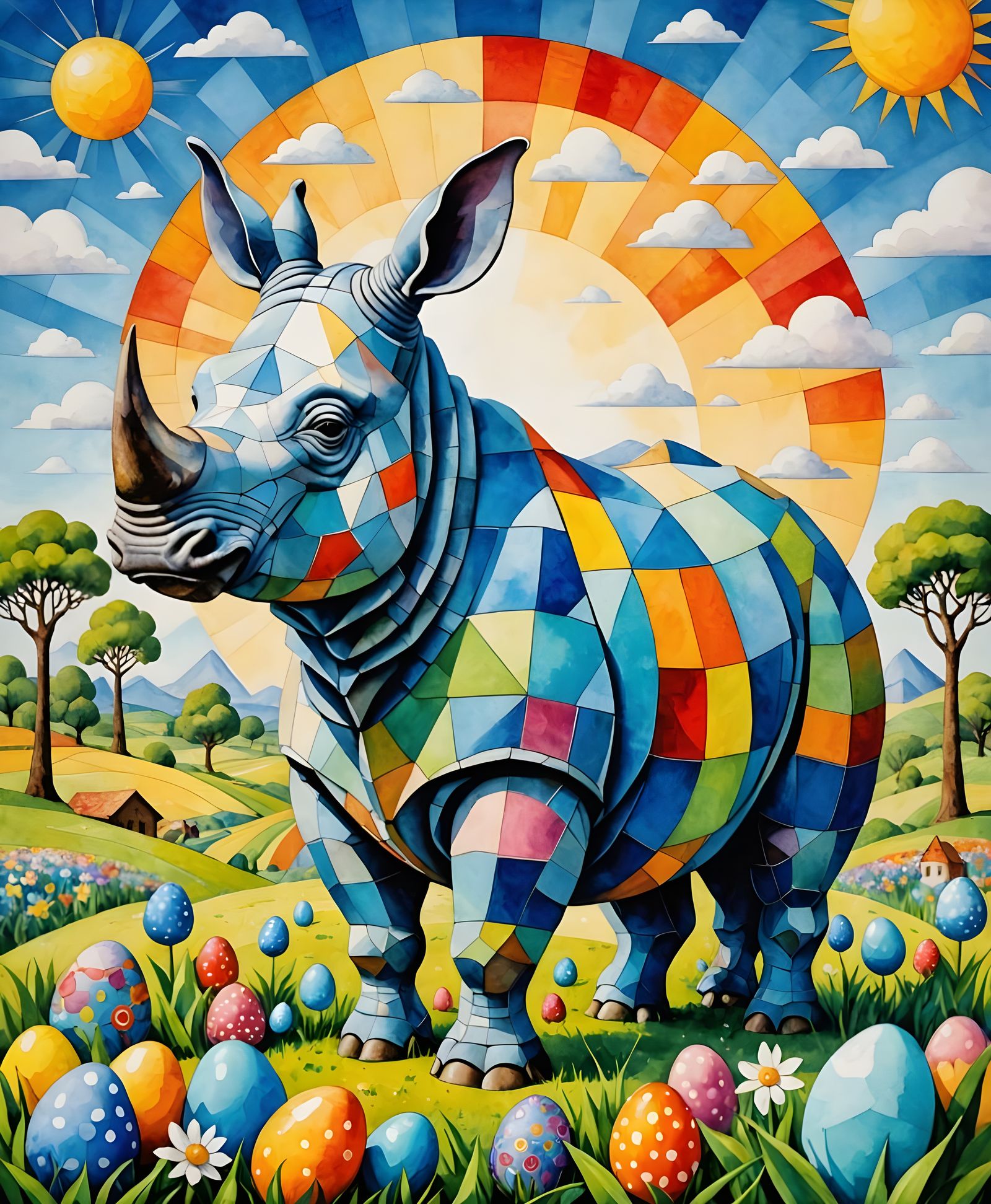 Cubist Easter Landscape with Rhinoceros and Vibrant Flowers