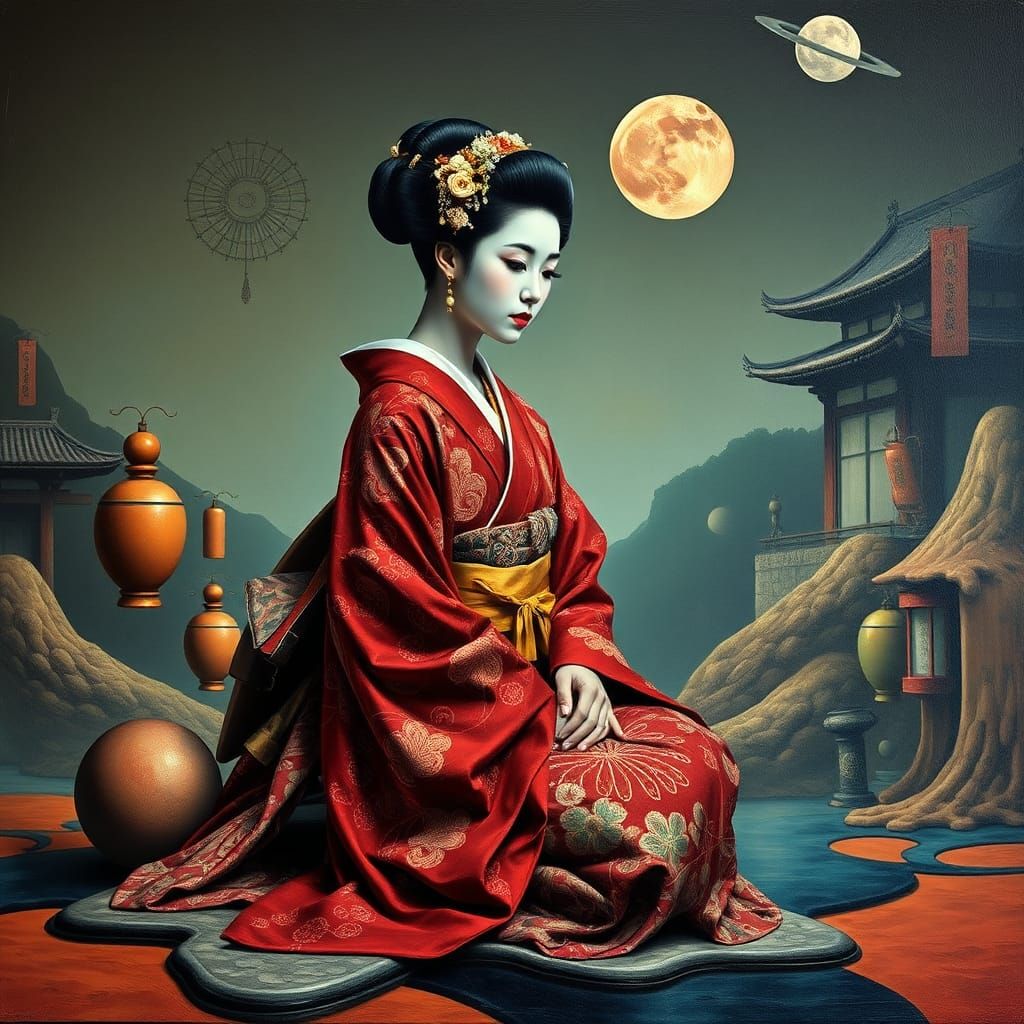 Surreal Geisha in Dreamscape, Hyper-Realistic Oil Painting