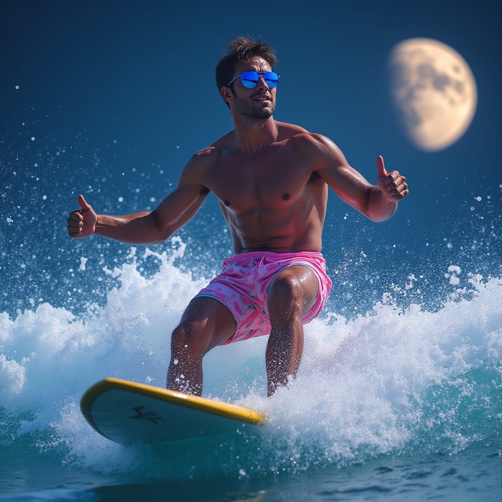90s Surfer Dude at Night: Photorealistic Action Shot