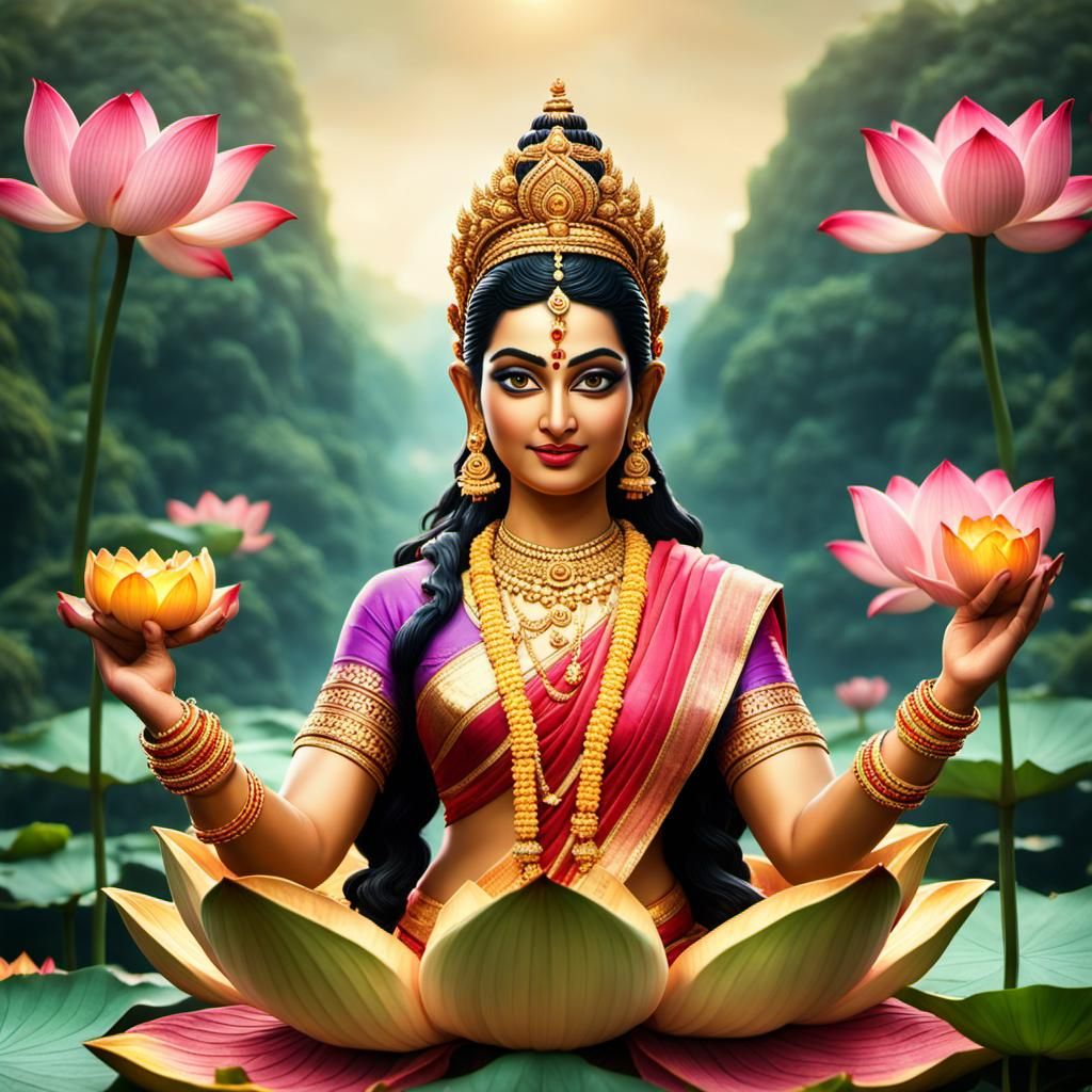 Beautiful Lakshmi on Lotus, Cinematic Still