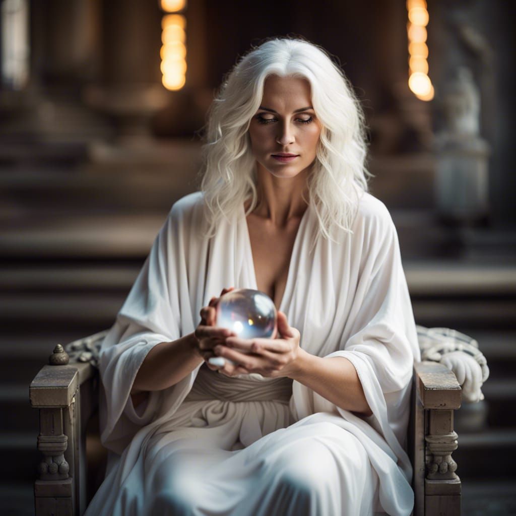 Mystic Oracle with Crystal Ball in Ancient Temple