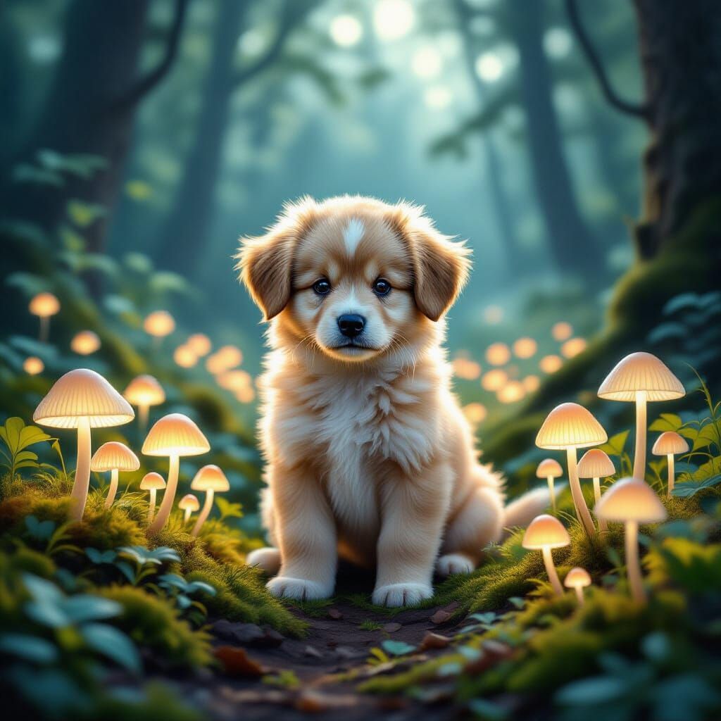 Fluffy Puppy in Enchanted Forest with Glowing Mushrooms