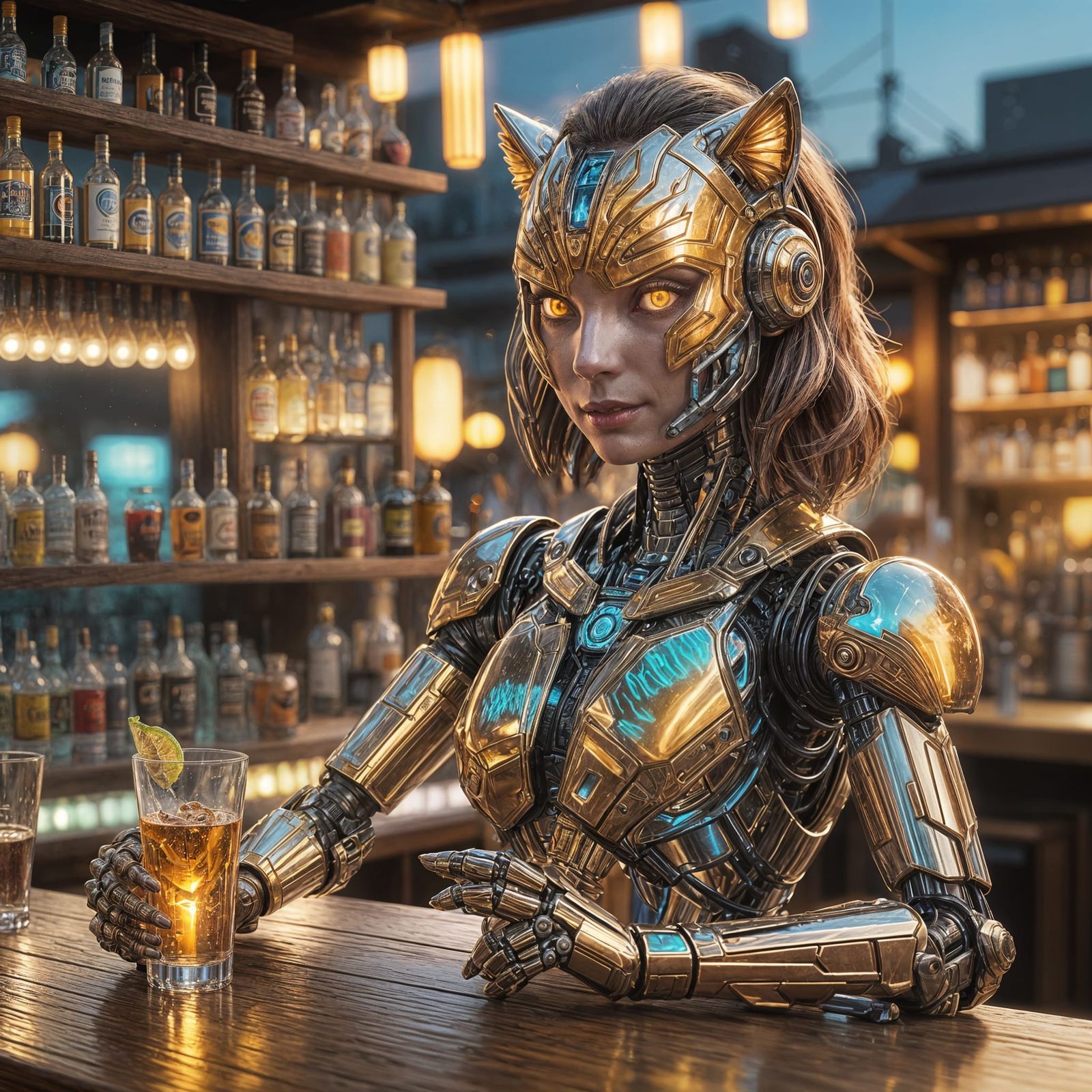 Neon Robot Bartender Serving Drinks on the Beach