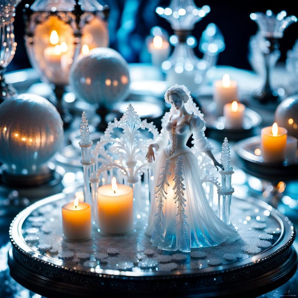 "A rococo gothic style royal bedroom: delicate light ice crystal glass sculpture of an gothic woman made of glass filled...