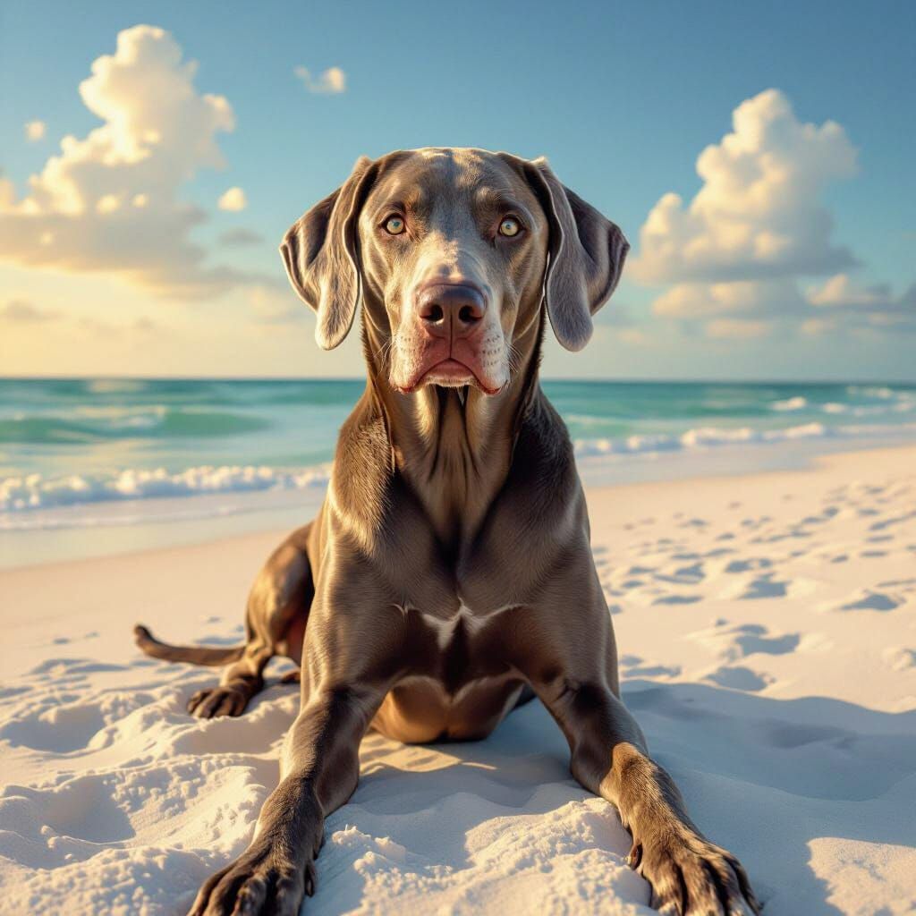 Florida Man Weimaraner Dog on Beach at Golden Hour