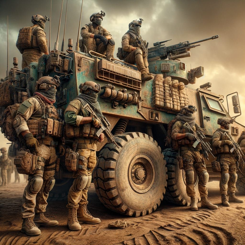 Gritty Middle Eastern Soldiers Gather Around a Weathered APC
