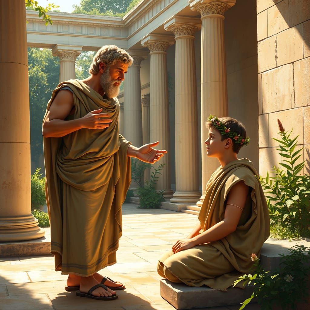 Aristotle Teaches Alexander in a Classical Greek Setting