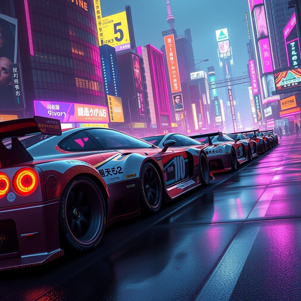 Sleek Japanese Race Cars Ready to Blast Off in Cyberpunk Cit...