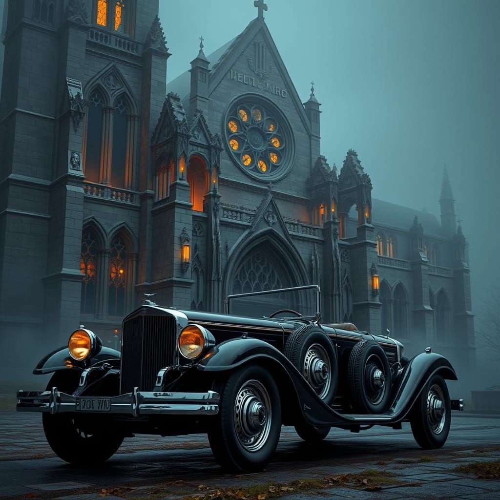 Duesenberg Parked Before Gothic Cathedral in Dark Fantasy St...