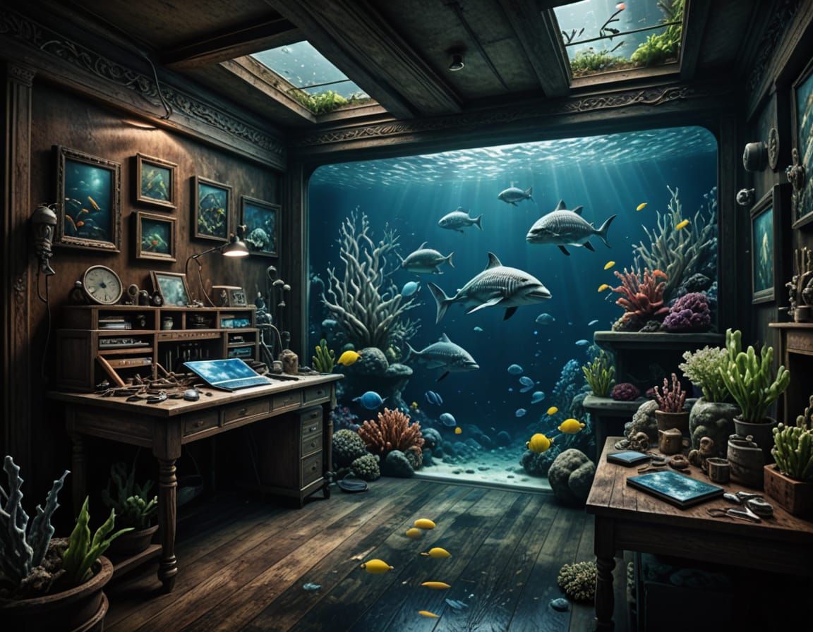 Hyperrealistic Underwater Art Studio with Intricate Details