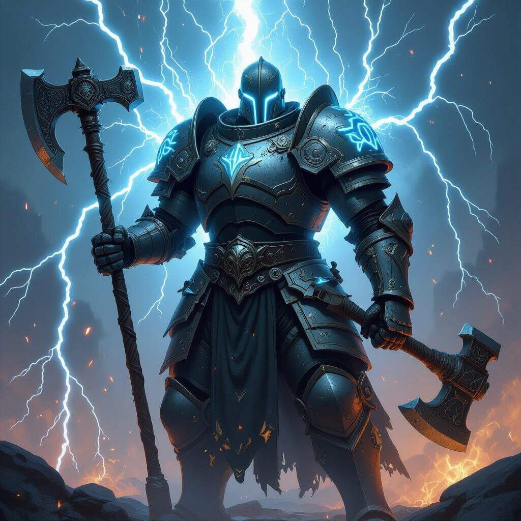 Warforged Warrior Surrounded by Lightning, in Mystical Reali...