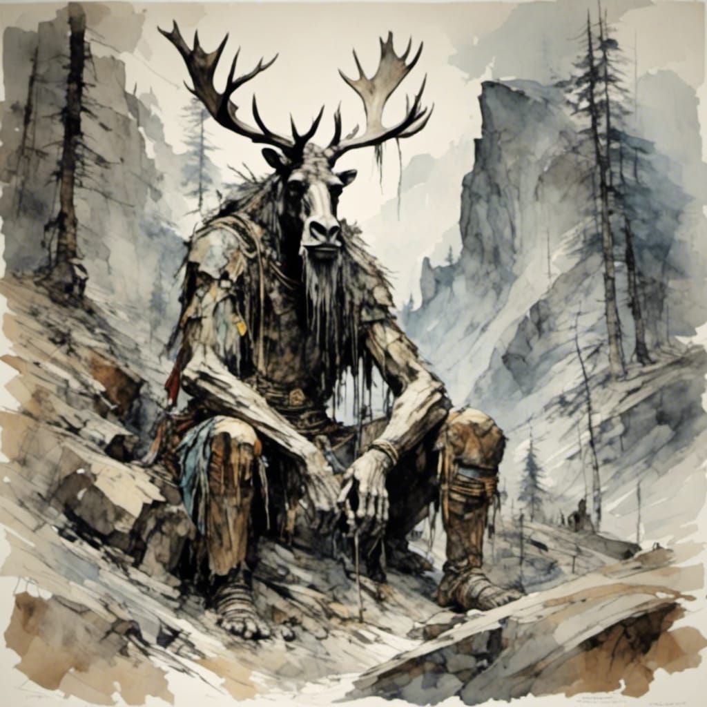 Watercolor Mountain King with Golden Accents