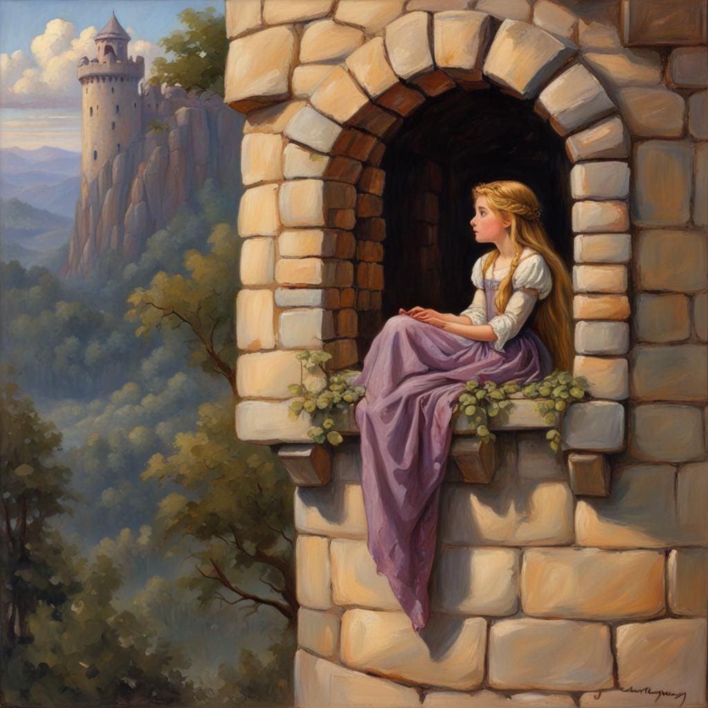 Rapunzel in Tower Window as Oil Painting