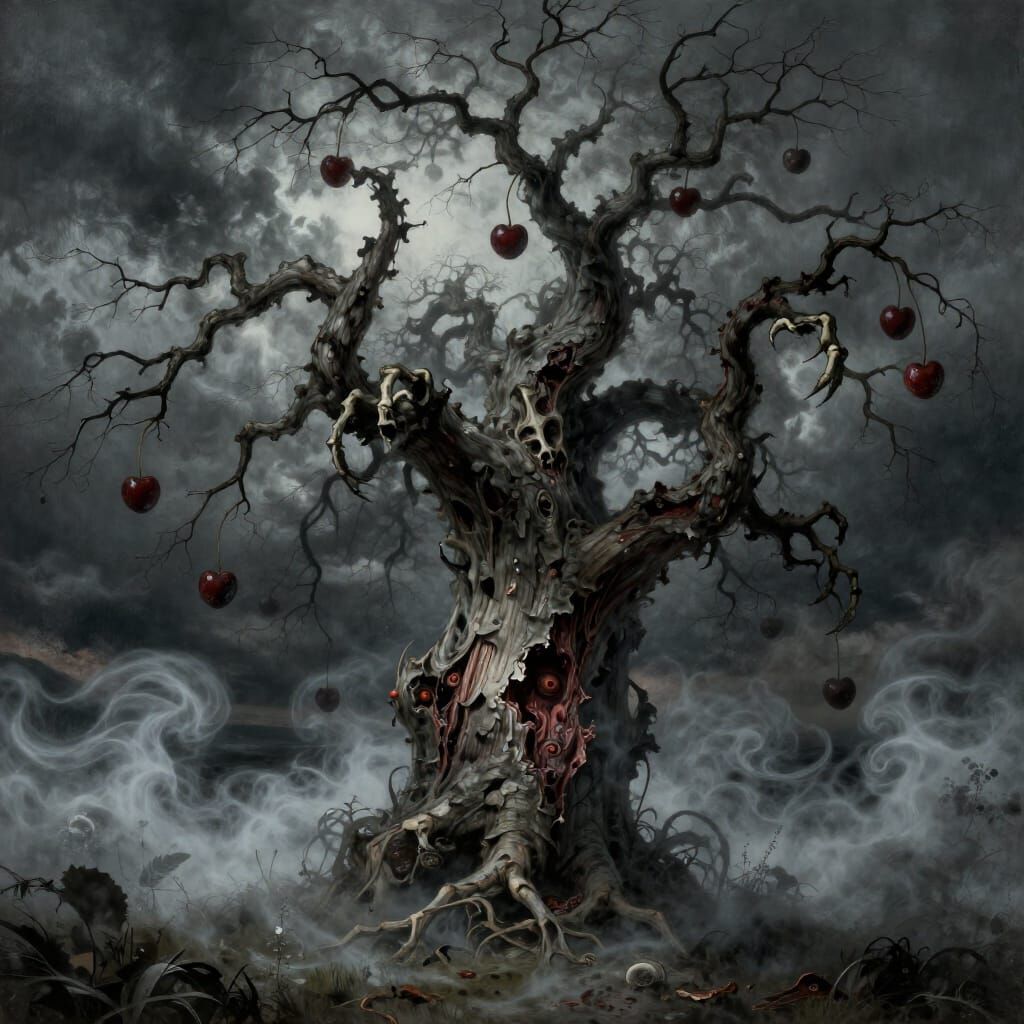 Terrifying Zombie Cherry Tree in Stormy Sky