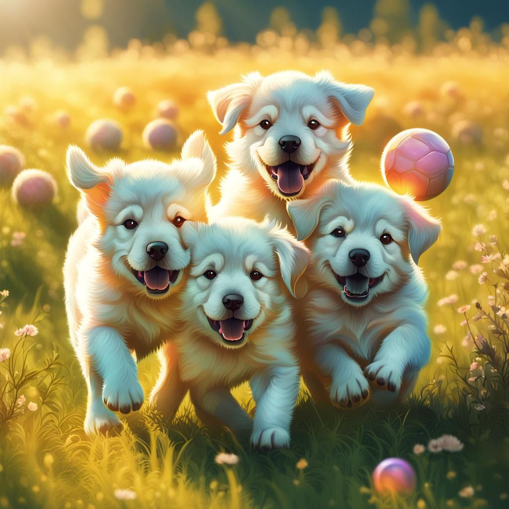 Cute Cerberus Puppy Playing Ball: Concept Art