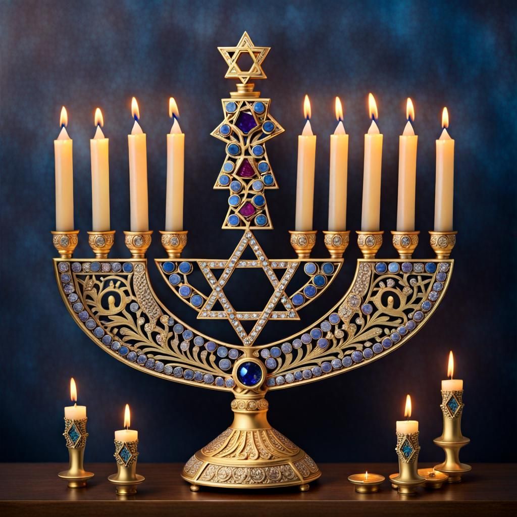 Ornate Gold Menorah with Lit Candles for Hanukkah