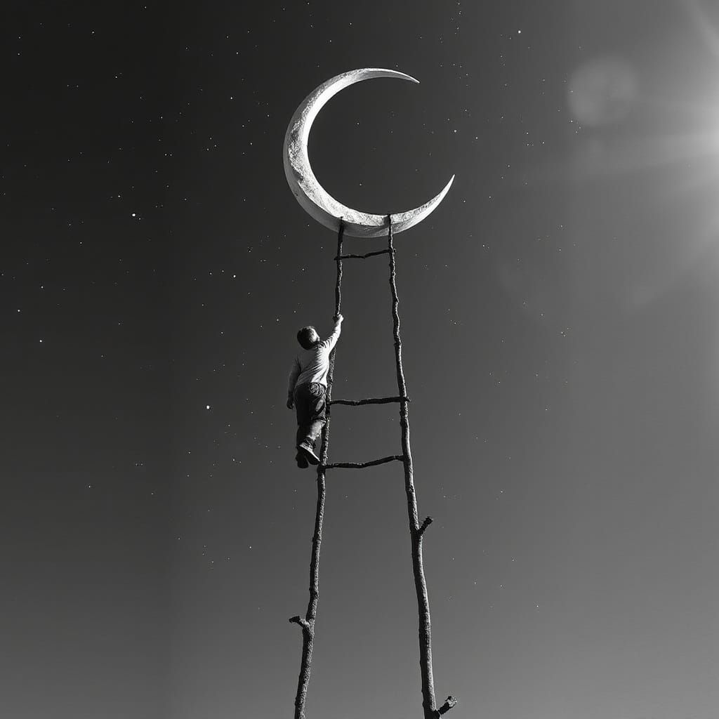 Boy Climbs Ladder to Moon in Monochrome Digital Surrealism