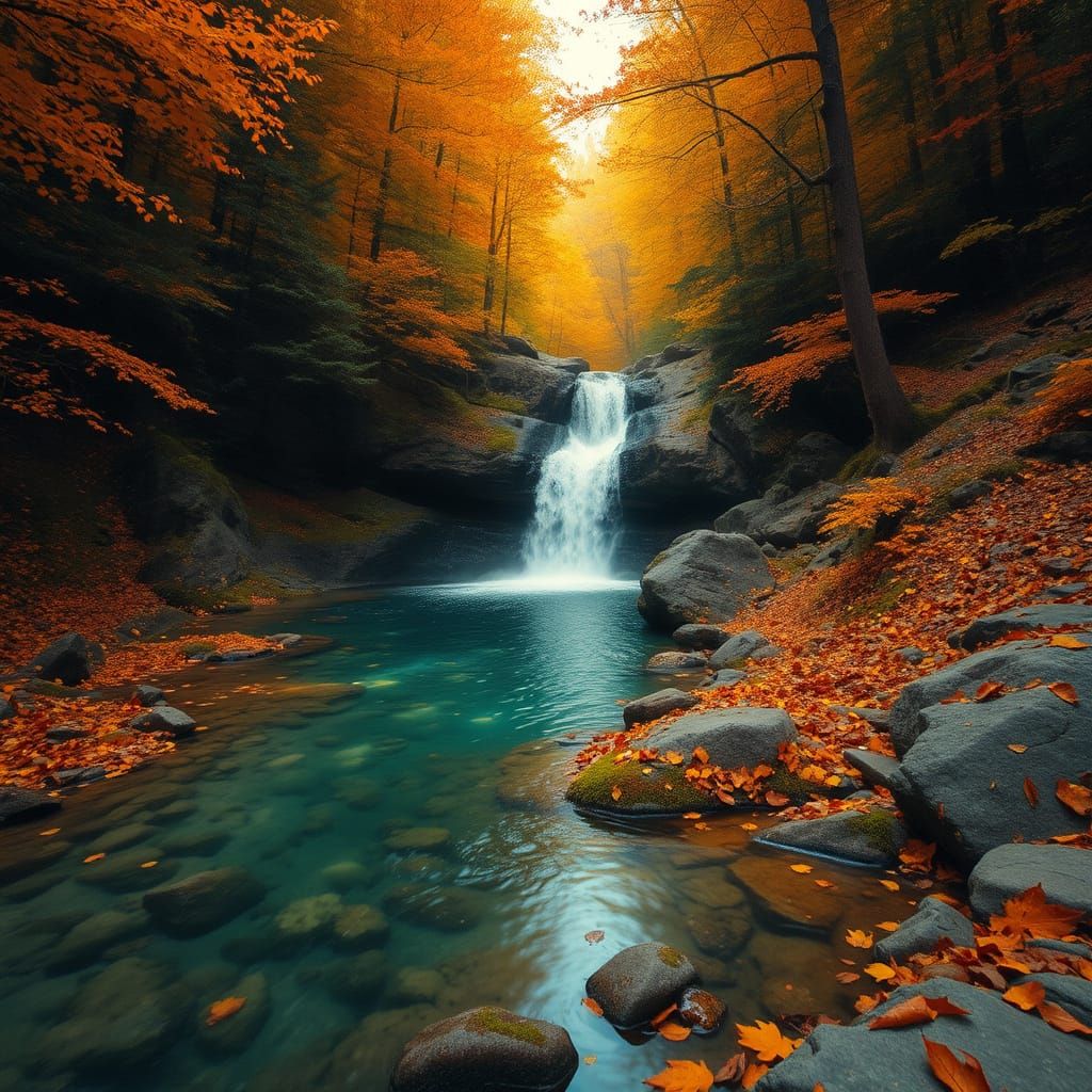 Autumn Waterfall in Forest Landscape