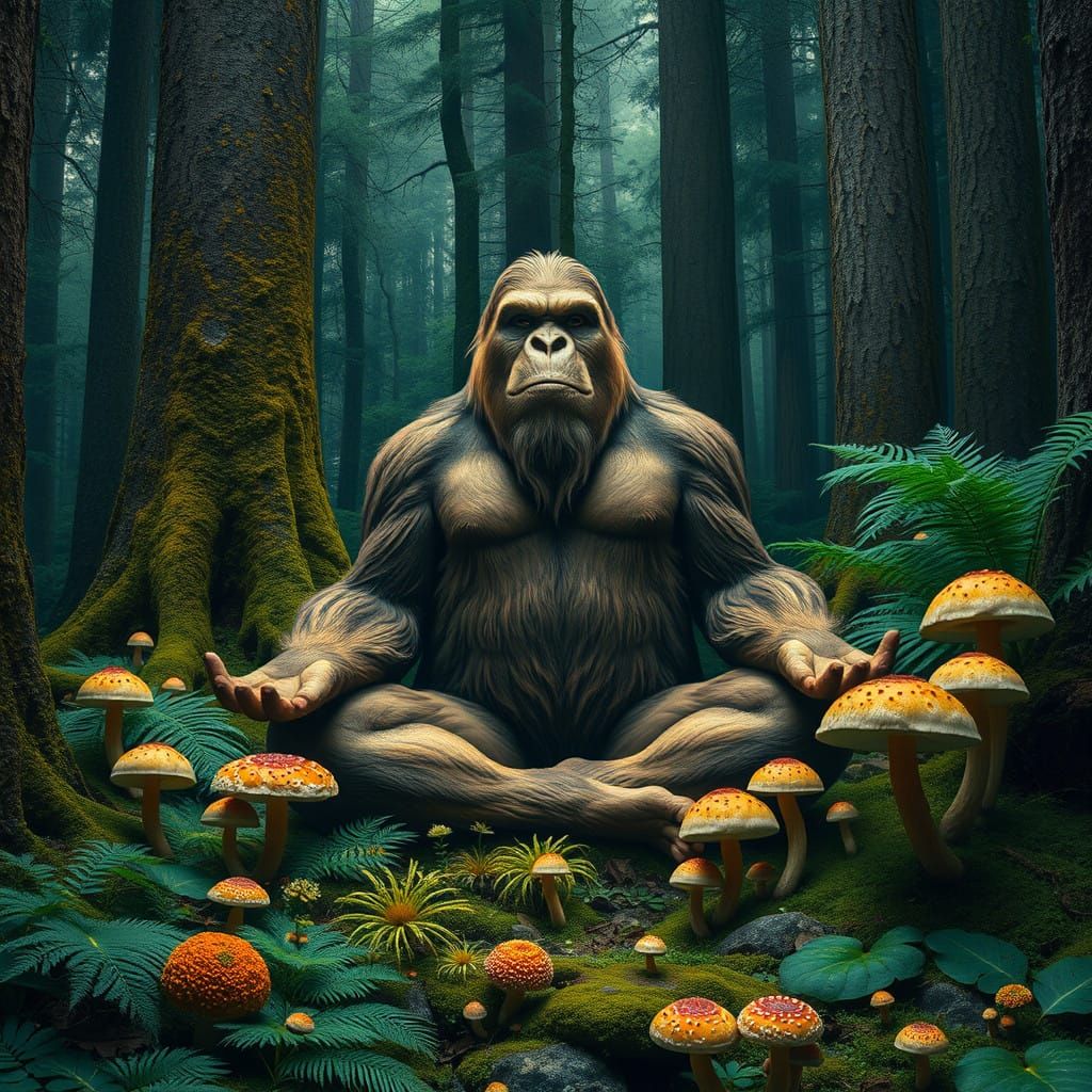 Majestic Bigfoot in Serene Forest Meditation