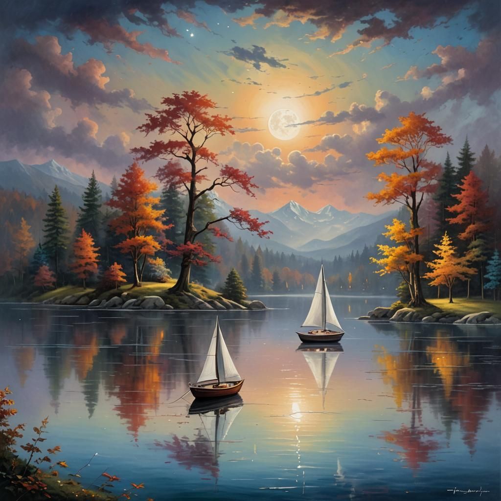 Surreal Moonlit Sailboat on Autumn Lake