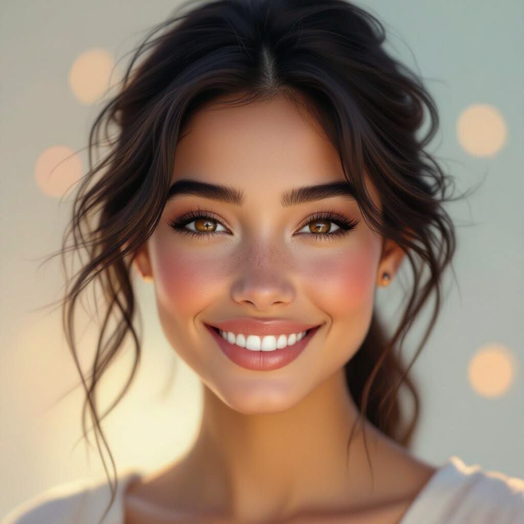 Ethereal Portrait of a Smiling Woman with Freckles