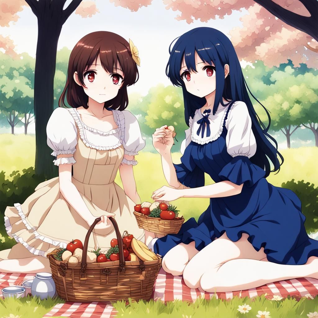 Anime Style: Two Girls Enjoying a Picnic