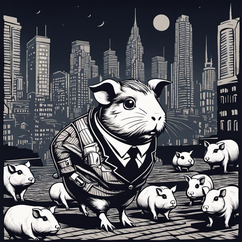 Cyber Guinea Pig Robot in Linocut Style