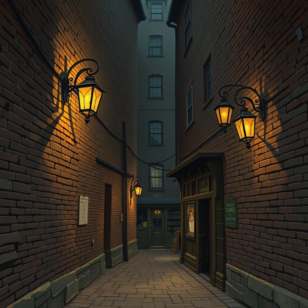 Winding Brick Alleyway with Tavern in Muted Tones