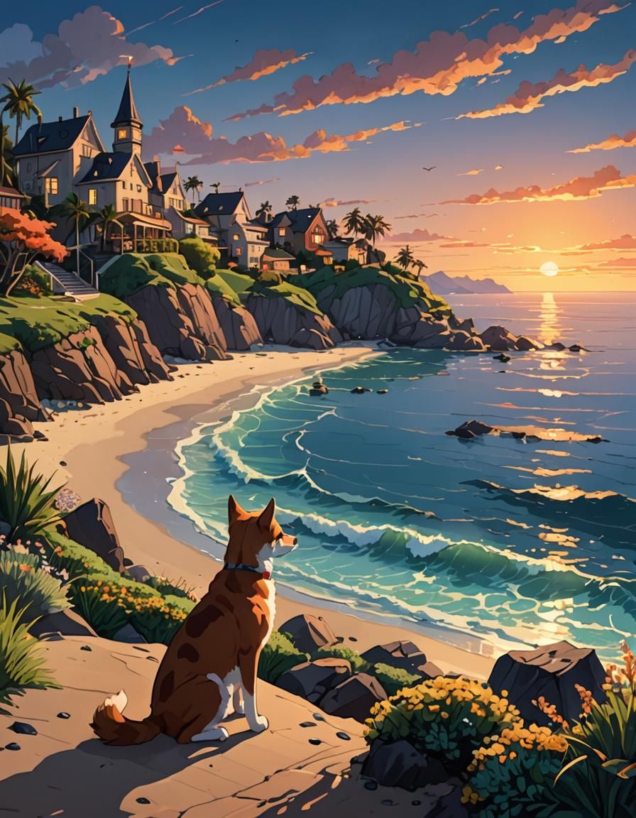 Utopian Seascape with Cartoon Character