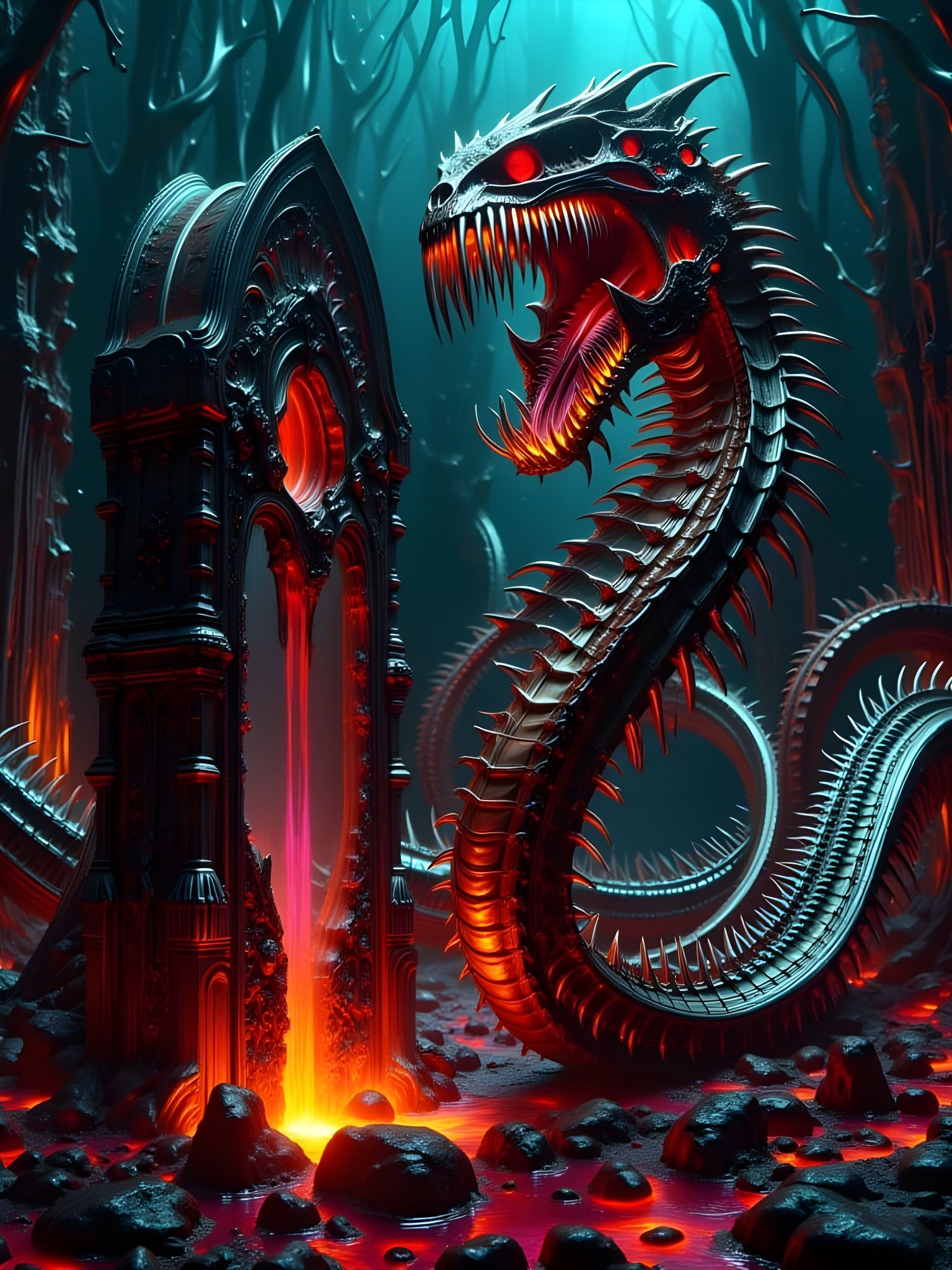 Skeletal Cobra Serpent with Sharp Teeth Around Tombstone