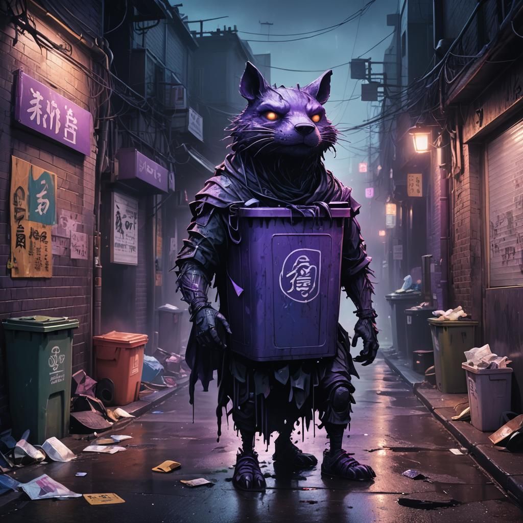 Anthropomorphic Trashcan in Dark Fantasy Inkstyle