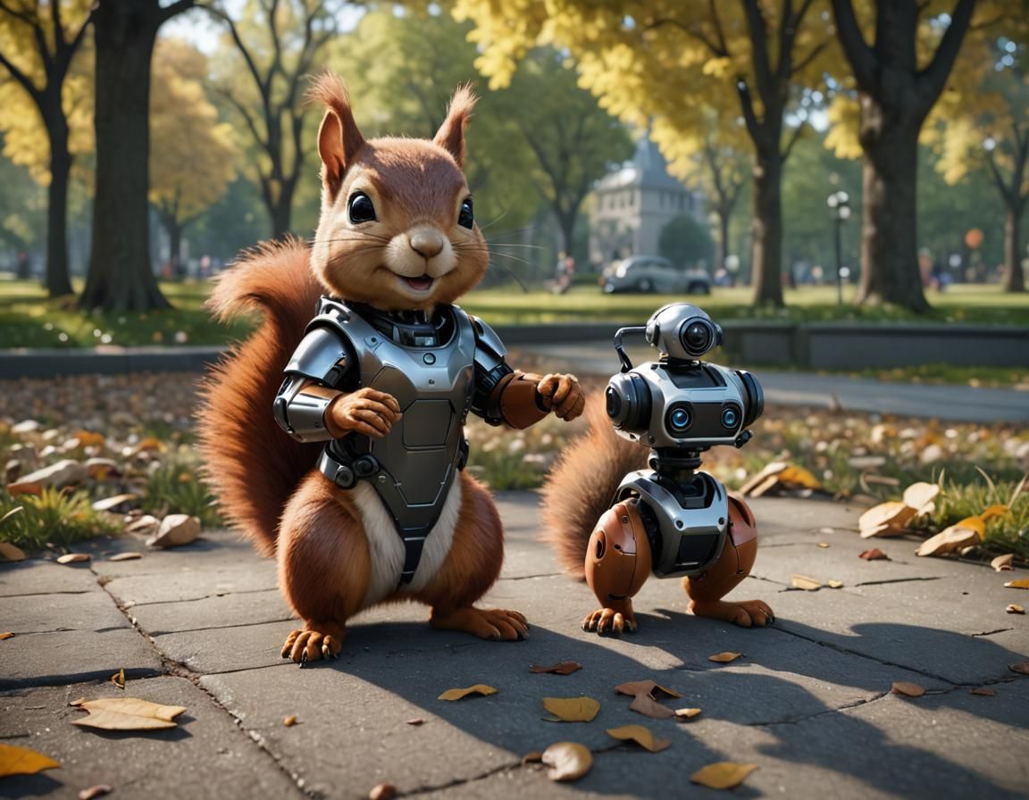Squirrel and Robot Dog in Steampunk Style