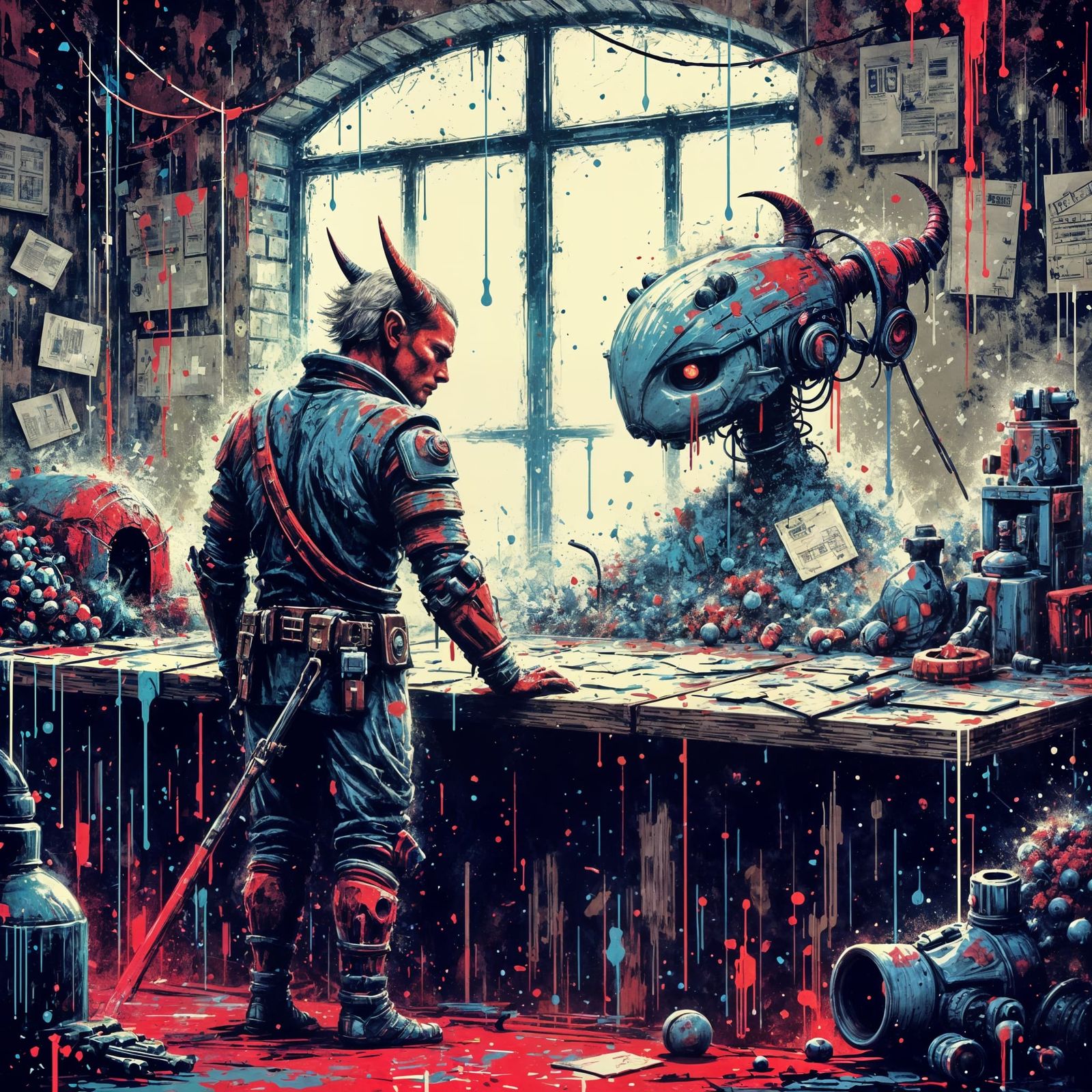 Tiefling Inventor at Work in Gritty Surreal Style