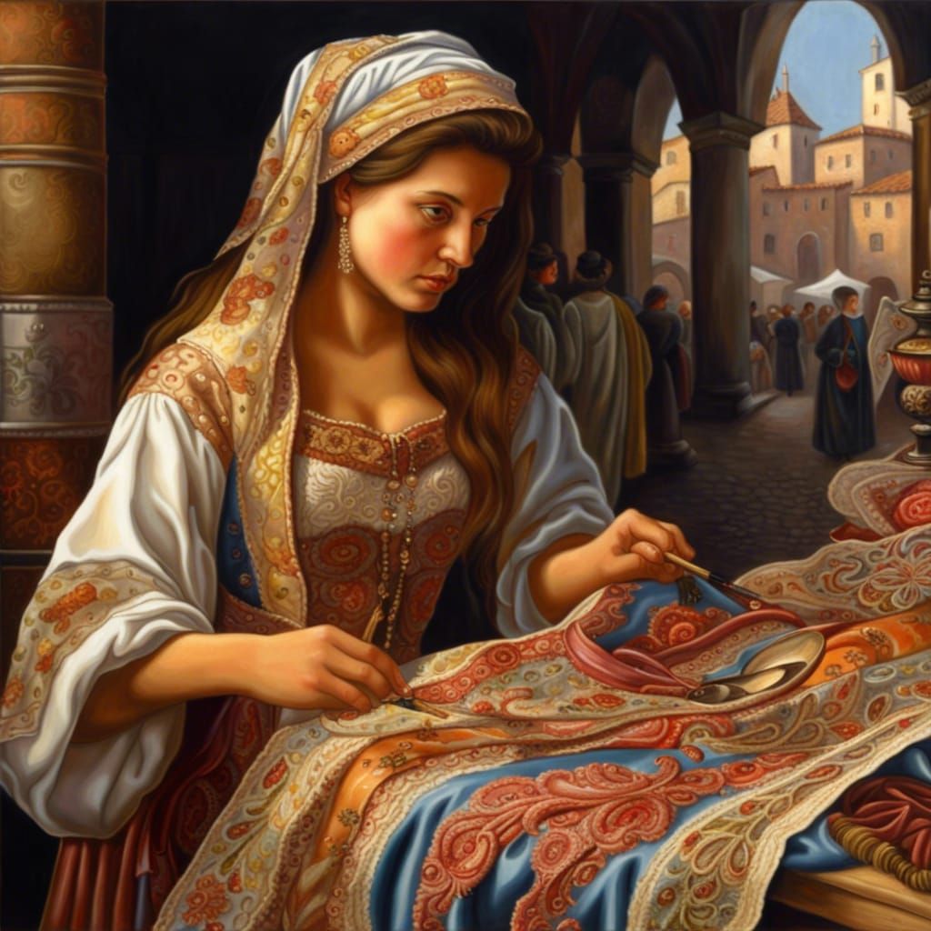 Woman Selling Fabrics on Medieval Market: Oil Painting