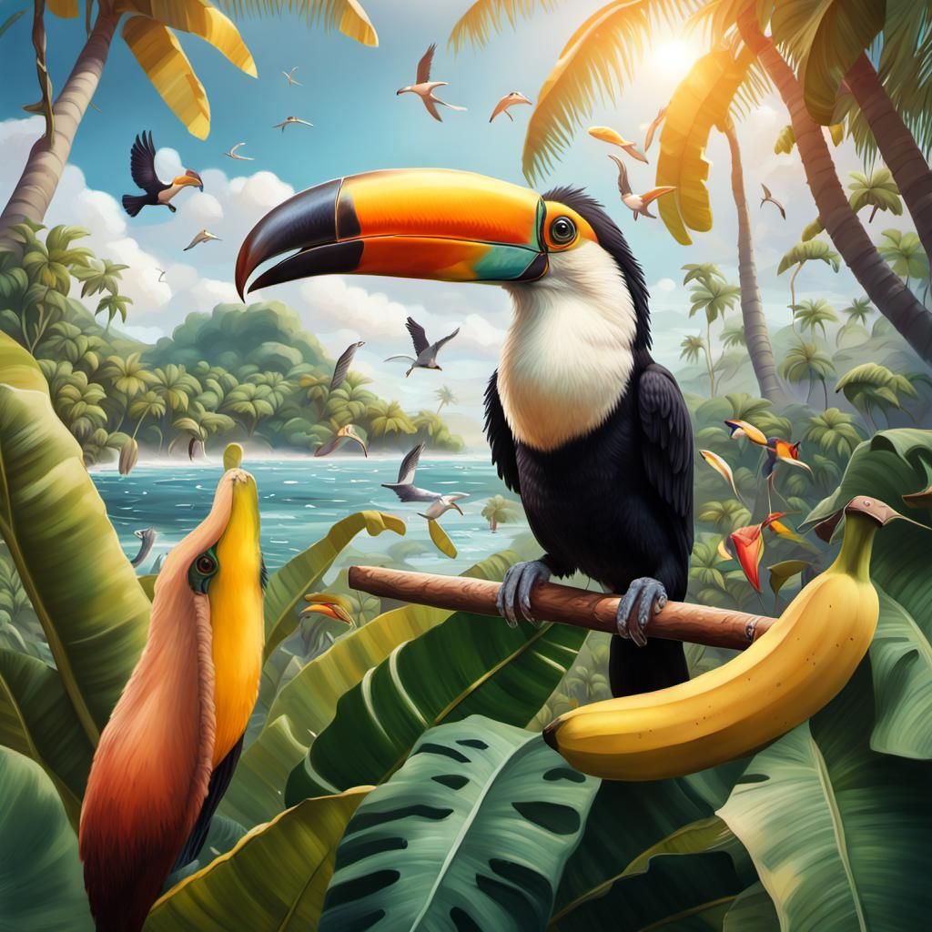 Lush Tropical Island with Toucans in Hyperrealistic Style