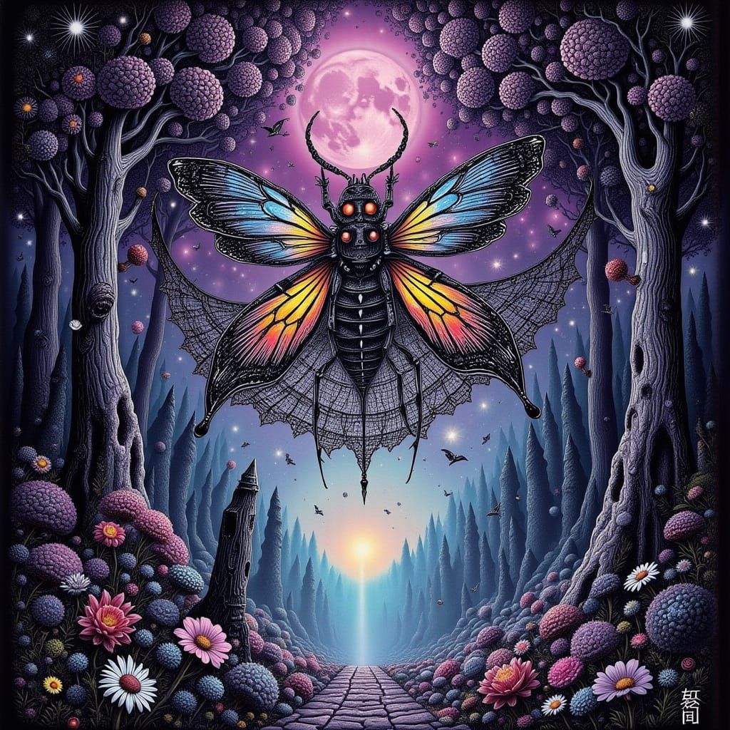 Giant Bioluminescent Beetle on Spiderweb in Misty Forest