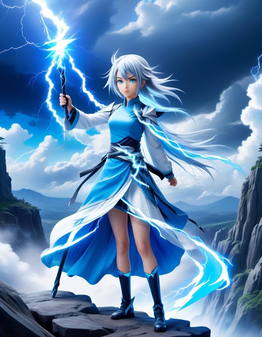 Anime Sorceress with Lightning Staff on Windswept Cliff
