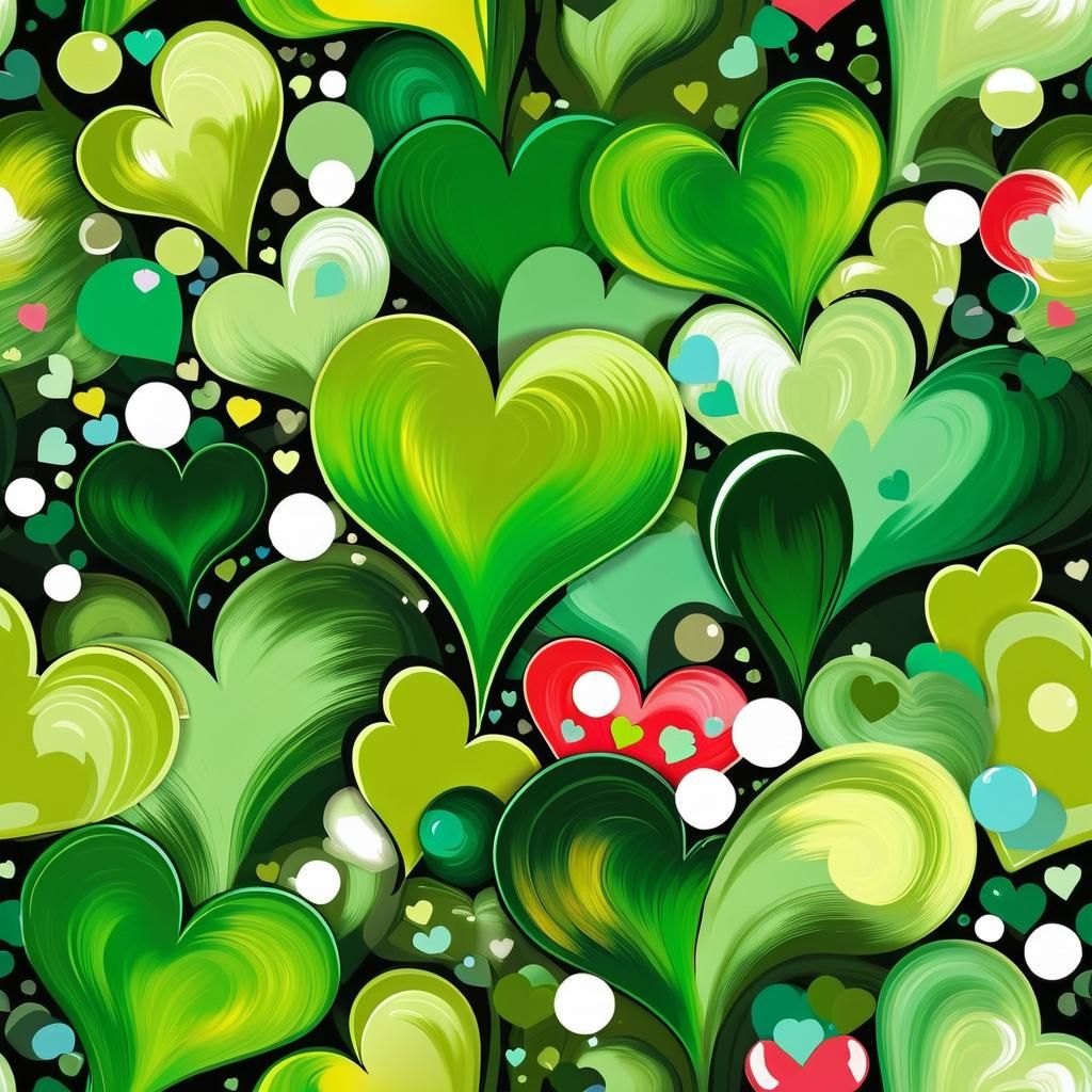 Olive Green Hearts and Rainbows Oil Painting