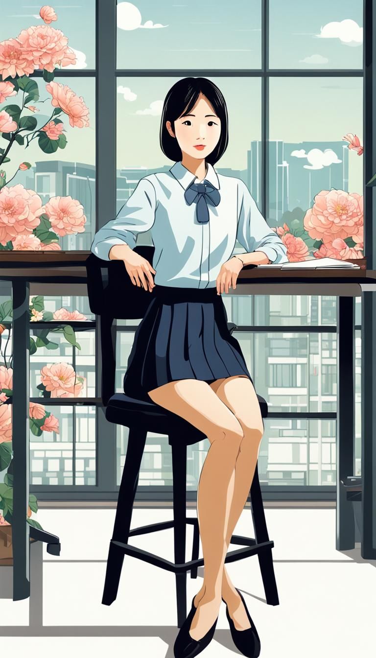 Asian Lady at Office Desk with Flower