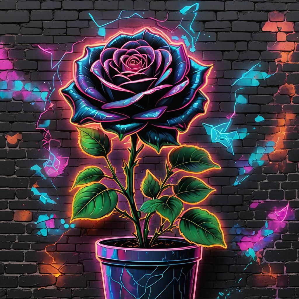 Neon Rose Street Art in Holographic Expressionism Style