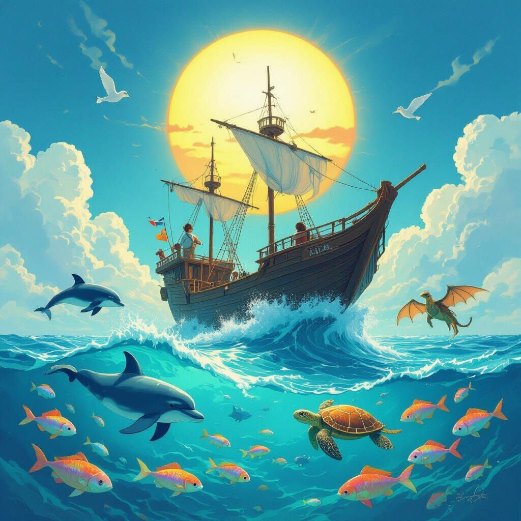 Ship Demon Soaring in a Dreamlike Scene