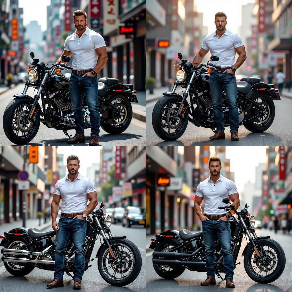 Handsome Biker Man in Seoul Cityscape