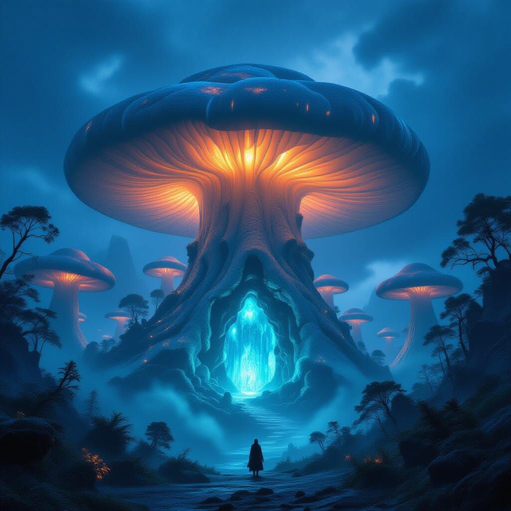 Bio-luminescent Mushroom Forest with Crystalline Fortress