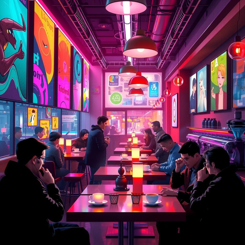 Futuristic Coffee Shop Art Scene at Dusk