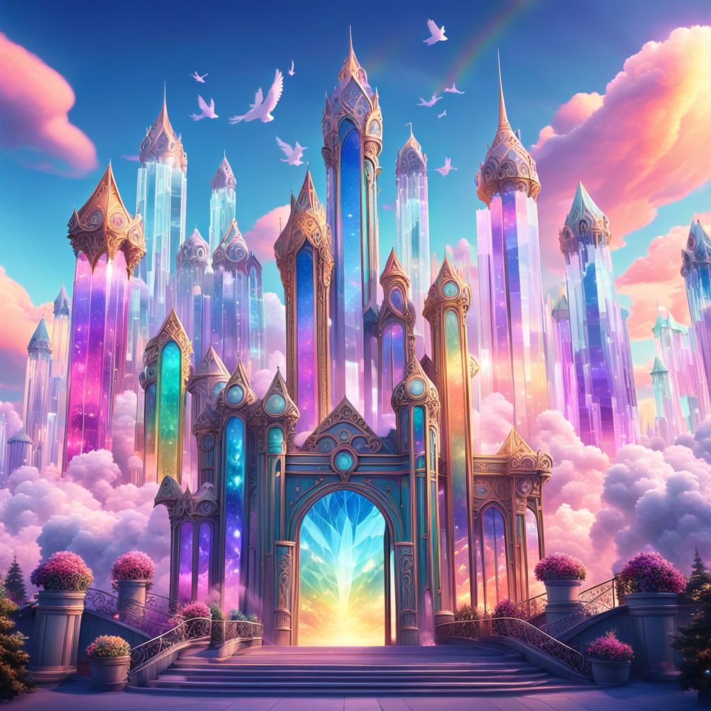 Crystal City in the Clouds with Rainbow Light