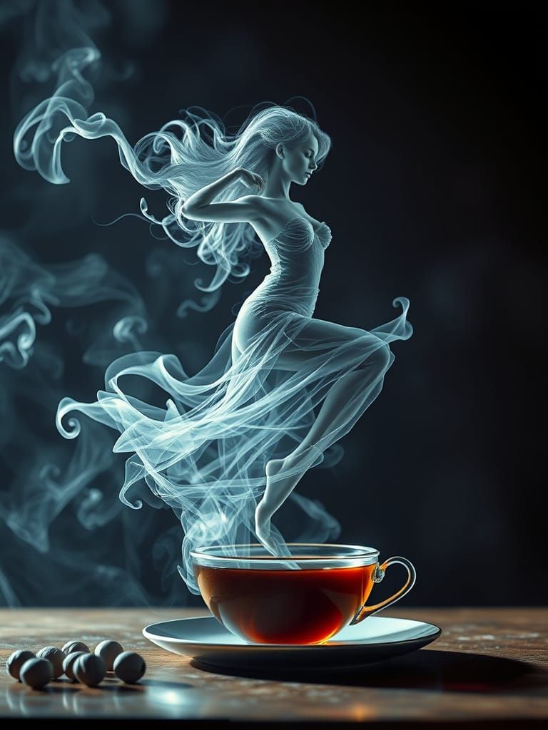 Ethereal Smoke Dancer Over Steaming Tea in Cinematic Style
