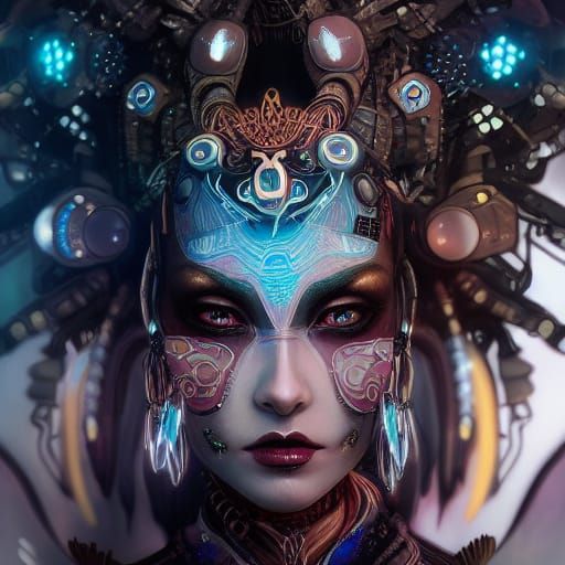 Extraterrestrial Queen with Cyberpunk Art Nouveau Tattoos