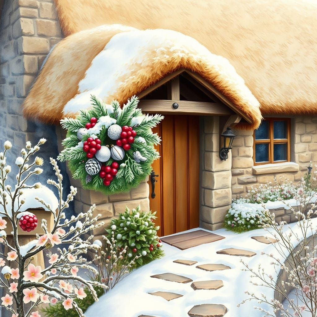 Whimsical Winter Cottage Door with Frosty Wreath