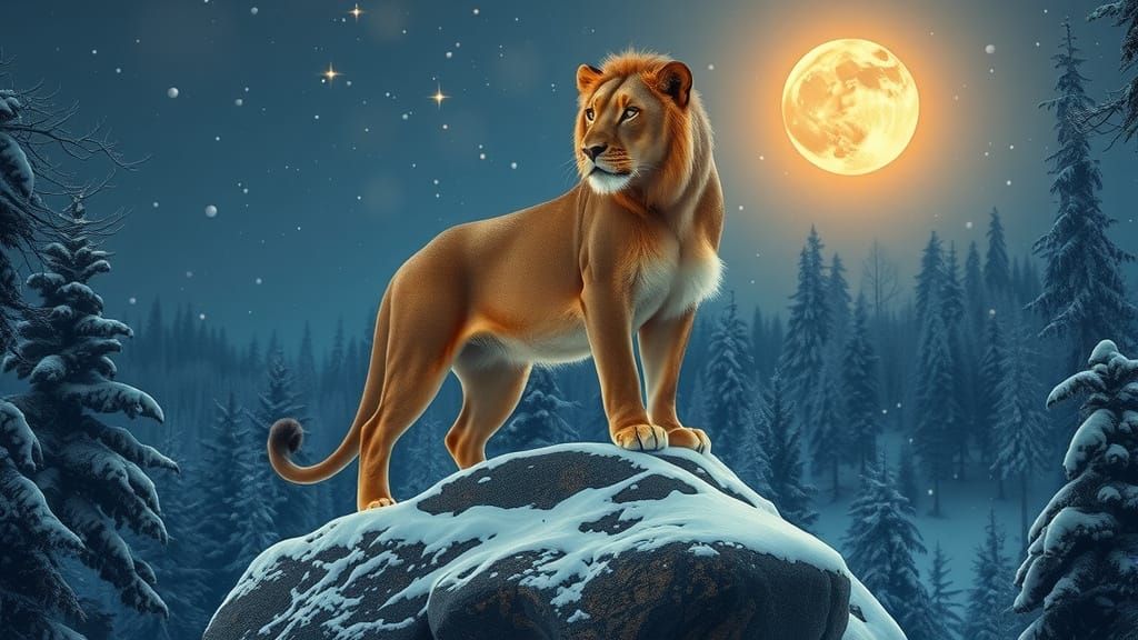 Moonlit Lioness Reigns Over Snowy Forest in Golden Light