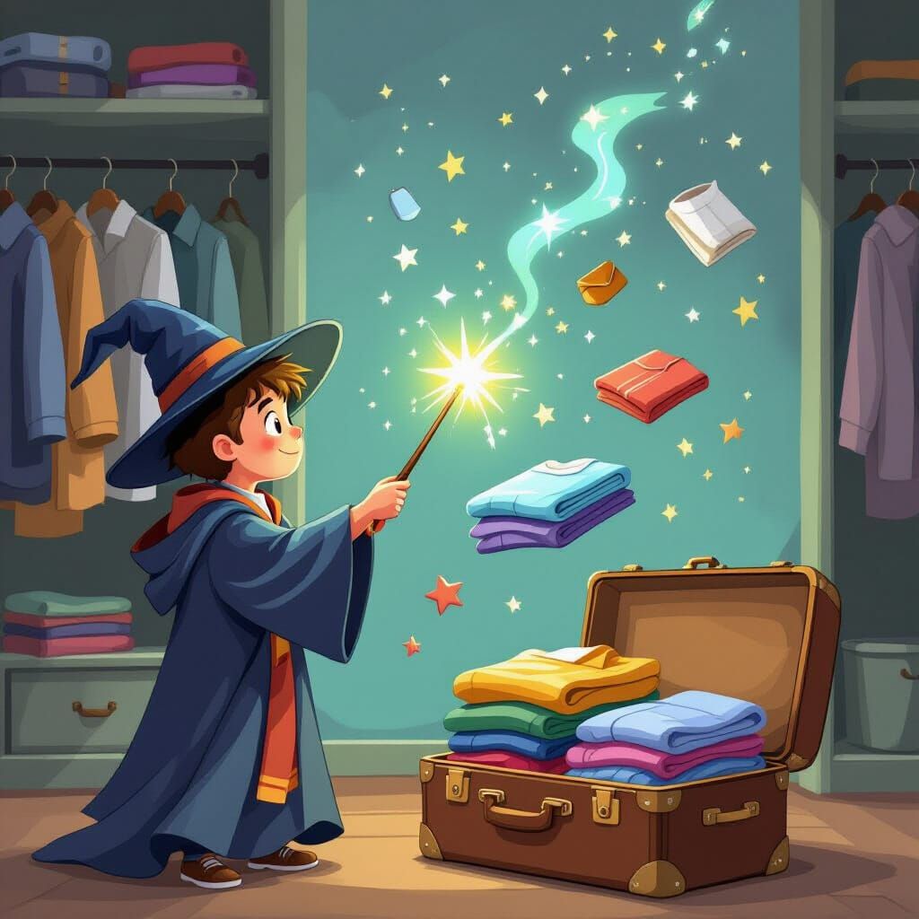 Wizard Magically Packs Suitcase for Journey